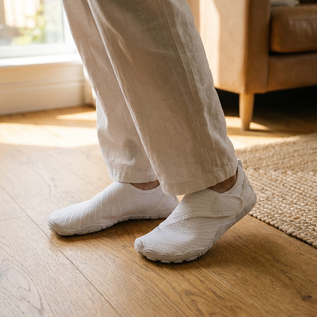 Wearing the white Solyn barefoot shoes at home on a wooden floor