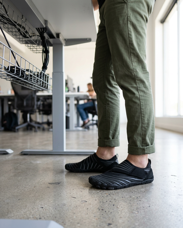 Standing at a desk in black Solyn barefoot shoes
