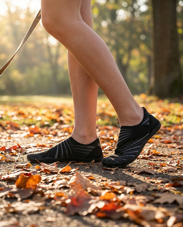 Walking the dog in black Solyn barefoot shoes